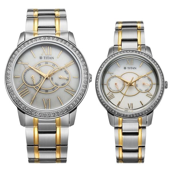 Titan 100022778BM01 Royal Bandhan Quartz Analog Watch Set with White Dial, Day and Date Display and Two-Tone Metal Straps for Couples