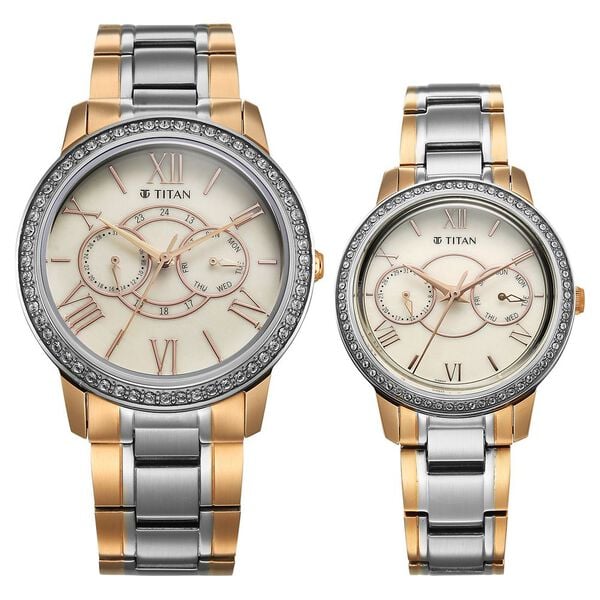 Titan 100022778KM02 Royal Bandhan Quartz Analog Watch Set with Pink Dial, Day and Date Display and Two-Tone Stainless Steel Straps for Couples 42.2mm and 34.2mm