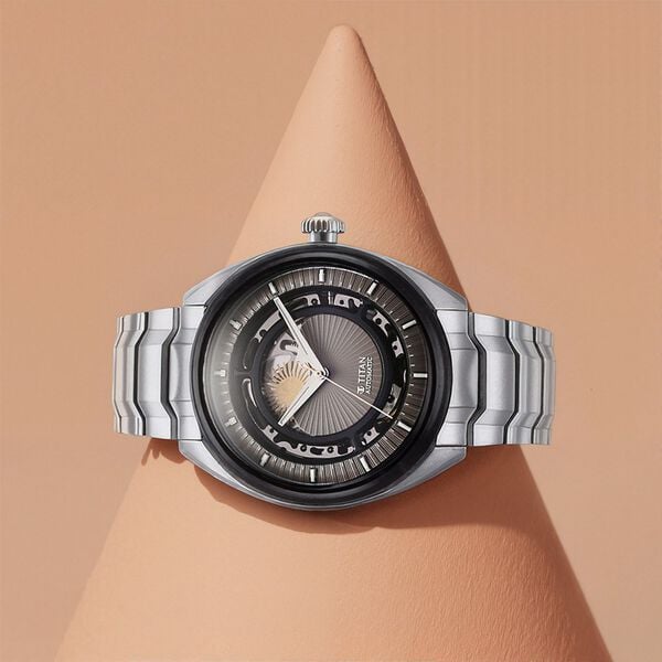 Titan 10011KM01 Caelum Automatic Analog Watch with Sun-Moon Phase, Plaster Brown Dial and Silver Stainless Steel Strap for Men 43mm