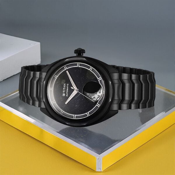 Titan 10011NM03 Luna Automatic Analog Watch with Sun-Moon Phase, Kambaba Jasper Dial and Black Stainless Steel Strap for Men 43mm