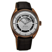Titan 10011QL01 Stellar Cupola watch front three-quarter view of silver dial and leather strap