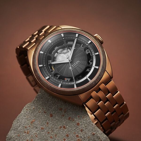 Titan 10011QM01 Stellar Cupola Automatic Analog Watch with Sun-Moon Phase, Gray Dial and Bronze Stainless Steel Strap for Men 43mm