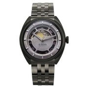 Titan 10011QM02 Stellar Cupola watch front view showing silver skeletal dial and dark gun bracelet