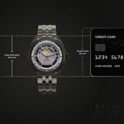 Titan 10011QM02 Stellar Cupola watch with case-size comparison graphic