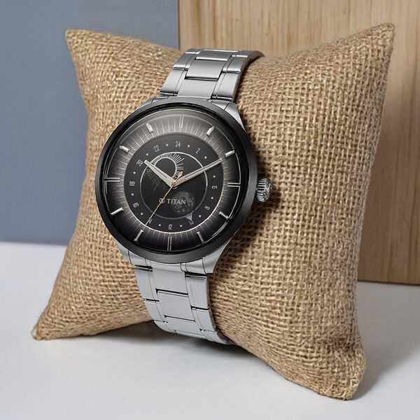 Titan 10028KM02 Luna Quartz Analog Watch with Sun-Moon Phase, Frost Grey Dial and Silver Stainless Steel Strap for Men 43mm
