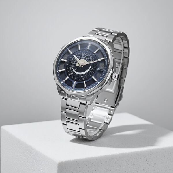 Titan 10028SM01 Stellar Quartz Analog Watch with Sun-Moon Phase, Blue Dial and Silver Stainless Steel Strap for Men 43mm