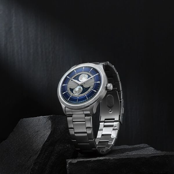 Titan 10050SM01 Stellar Quartz Analog Watch with Dual Moon Phase, Blue Dial and Silver Stainless Steel Strap for Men 43mm