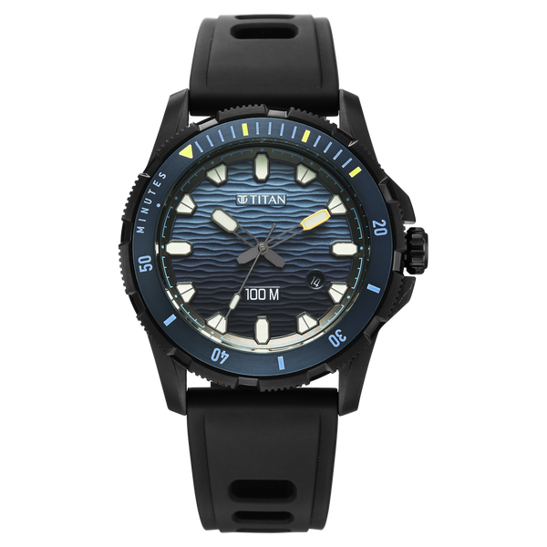 Titan 10067KP02 Zero Hour Diver's Quartz Analog Watch with Blue Dial and Black FKM Strap for Men 41mm