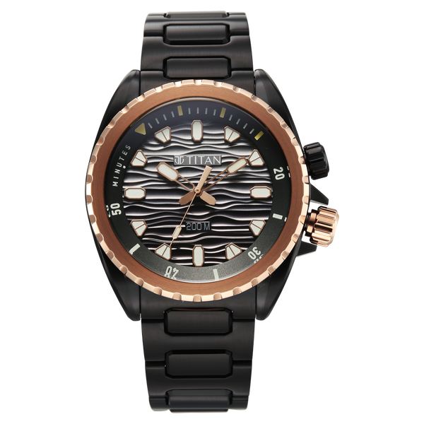 Titan 10068KM02 Zero Hour Diver's Quartz Analog Watch with Black Dial and Black Stainless Steel Strap for Men 42mm