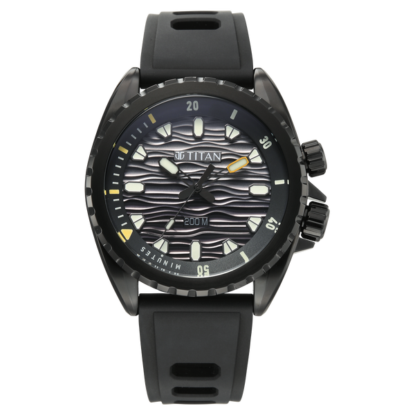 Titan 10068NP01 Zero Hour Diver's Quartz Analog Watch with Black Dial and Black FKM Strap for Men 42mm