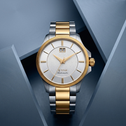 Titan 10076BM04 men's Vetra automatic watch with white dial and multicoloured stainless steel strap, alternate angled product view