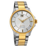 Titan 10076BM04 men's Vetra automatic watch with white dial and multicoloured stainless steel strap, side and case detail view