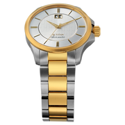 Titan 10076BM04 men's Vetra automatic watch with white dial and multicoloured stainless steel strap, angled dial and hands detail