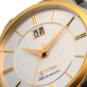 Titan 10076BM04 men's Vetra automatic watch with white dial and multicoloured stainless steel strap, close-up of the dial