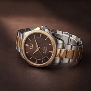 Titan 10076KM03 men's Vetra automatic watch with brown dial and multicoloured stainless steel strap, alternate angled product view