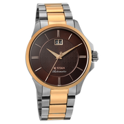 Titan 10076KM03 men's Vetra automatic watch with brown dial and multicoloured stainless steel strap, side and case detail view