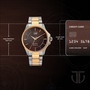 Titan 10076KM03 men's Vetra automatic watch with brown dial and multicoloured stainless steel strap, case dimensions graphic
