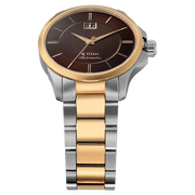 Titan 10076KM03 men's Vetra automatic watch with brown dial and multicoloured stainless steel strap, angled dial and hands detail