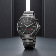 Titan 10076QM01 men's Vetra automatic watch with black dial and grey stainless steel strap, alternate angled product view