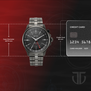 Titan 10076QM01 men's Vetra automatic watch with black dial and grey stainless steel strap, case dimensions graphic