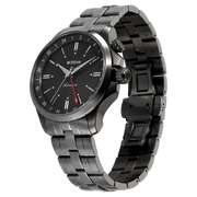 Titan 10076QM01 men's Vetra automatic watch with black dial and grey stainless steel strap, bracelet or strap and case detail