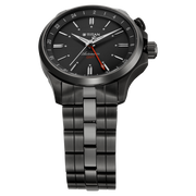 Titan 10076QM01 men's Vetra automatic watch with black dial and grey stainless steel strap, angled dial and hands detail