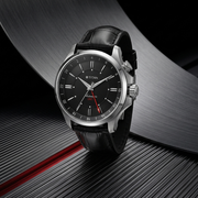 Titan 10076SL02 men's Vetra automatic watch with black dial and black leather strap, alternate angled product view