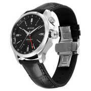 Titan 10076SL02 men's Vetra automatic watch with black dial and black leather strap, bracelet or strap and case detail
