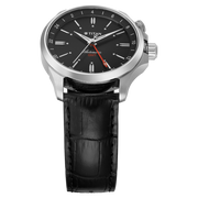 Titan 10076SL02 men's Vetra automatic watch with black dial and black leather strap, angled dial and hands detail