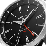 Titan 10076SL02 men's Vetra automatic watch with black dial and black leather strap, close-up of the dial