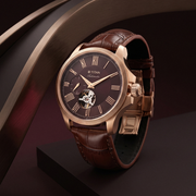 Titan 10076WL01 men's Vetra automatic watch with maroon dial and brown leather strap, alternate angled product view