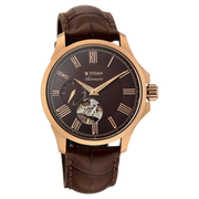 Titan 10076WL01 men's Vetra automatic watch with maroon dial and brown leather strap, side and case detail view