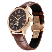 Titan 10076WL01 men's Vetra automatic watch with maroon dial and brown leather strap, bracelet or strap and case detail