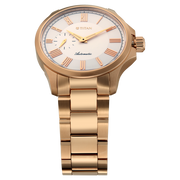 Titan 10076WM01 men's Vetra automatic watch with white dial and pink stainless steel strap, angled dial and hands detail