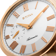 Titan 10076WM01 men's Vetra automatic watch with white dial and pink stainless steel strap, close-up of the dial