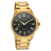 Titan 10076YM02 men's Vetra automatic watch with green dial and golden stainless steel strap, side and case detail view