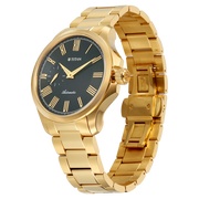Titan 10076YM02 men's Vetra automatic watch with green dial and golden stainless steel strap, bracelet or strap and case detail