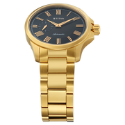Titan 10076YM02 men's Vetra automatic watch with green dial and golden stainless steel strap, angled dial and hands detail
