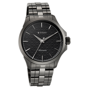 Titan 10077QM01 men's Vetra automatic watch with slate grey dial and grey stainless steel strap, side and case detail view