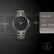 Titan 10077QM01 men's Vetra automatic watch with slate grey dial and grey stainless steel strap, case dimensions graphic