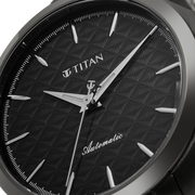 Titan 10077QM01 men's Vetra automatic watch with slate grey dial and grey stainless steel strap, close-up of the dial