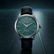 Titan 10077SL03 men's Vetra automatic watch with teal dial and black leather strap, alternate angled product view