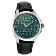 Titan 10077SL03 men's Vetra automatic watch with teal dial and black leather strap, side and case detail view