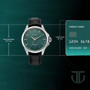 Titan 10077SL03 men's Vetra automatic watch with teal dial and black leather strap, case dimensions graphic