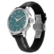Titan 10077SL03 men's Vetra automatic watch with teal dial and black leather strap, bracelet or strap and case detail