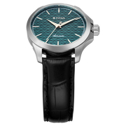 Titan 10077SL03 men's Vetra automatic watch with teal dial and black leather strap, angled dial and hands detail