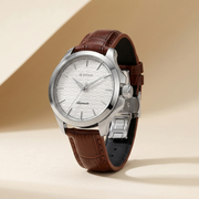 Titan 10077SL05 men's Vetra automatic watch with white dial and brown stainless steel strap, alternate angled product view