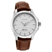 Titan 10077SL05 men's Vetra automatic watch with white dial and brown stainless steel strap, side and case detail view