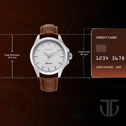 Titan 10077SL05 men's Vetra automatic watch with white dial and brown stainless steel strap, case dimensions graphic