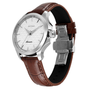 Titan 10077SL05 men's Vetra automatic watch with white dial and brown stainless steel strap, bracelet or strap and case detail